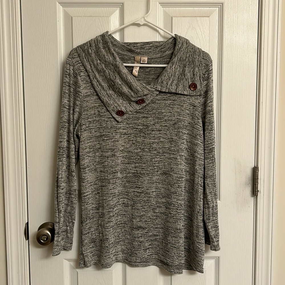 Misia Gray Black Marled Sweater Unique Neck Decorative Button Rayon-blend Medium - Picture 1 of 6